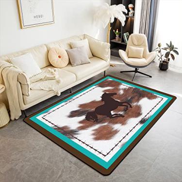 Imagem de Tapete de área de cavalo 3x5 tapetes impressos de couro de vaca de fazenda ocidental para sala de estar quarto azul-petróleo padrão marrom decoração tapete antiderrapante área corredor tapete