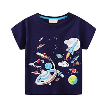 Imagem de Pacote médio meninos espaçonave base planeta padrão camiseta manga curta infantil masculino bebê meio meninos grandes gráfico, Azul-escuro, 5-6 Years