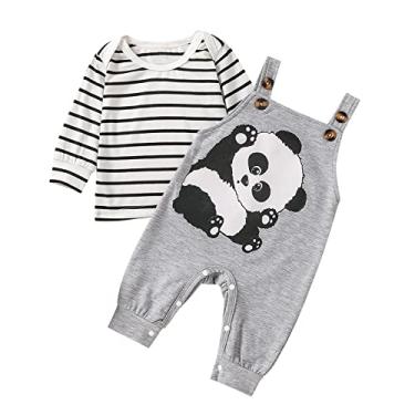 Imagem de Macacão infantil para meninos, 2 peças, manga comprida, gola redonda, pulôver, blusa + calça de cintura elástica com estampa de panda, Cinza, 3-6 Meses