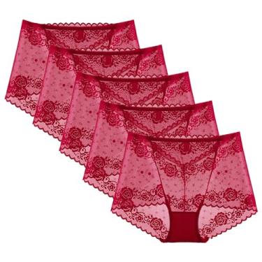 Imagem de Sexy renda malha puro algodão virilha shorts sem costura meados de cintura tamanho grande triângulo roupa interior feminina verão fino 5-pack