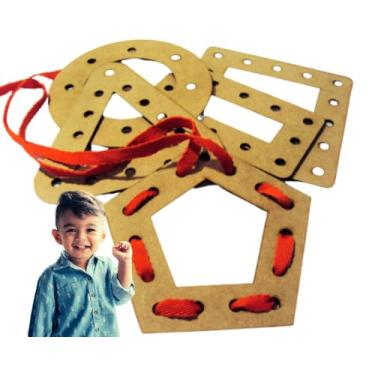 Imagem de Jogo Pedagógico Alinhavo de FORMAS GEOMÉTRICAS - Brinquedos Educativos Didático em Mdf 3mm - Tabuleiro Montessori Sensorial Autismo