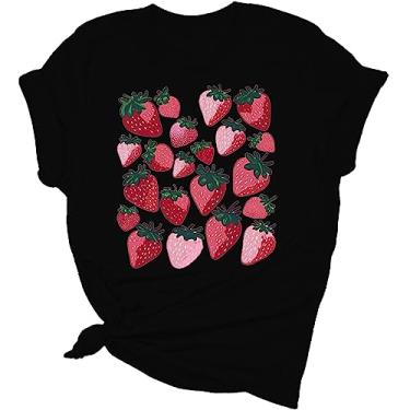 Imagem de Blusas femininas modernas de manga curta grandes com estampas para sair, blusas de algodão de verão, camisetas florais túnica para noite, Preto, GG