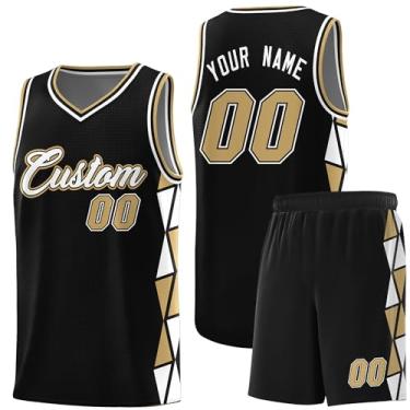 Imagem de Camiseta de basquete personalizada com shorts atléticos, roupa de treino esportiva leve personalizada para homens/jovens, Preto/dourado e branco 3, One Size