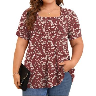 Imagem de POPYOUNG Camiseta feminina casual de verão plus size, manga curta, gola quadrada, túnica para leggings, Decote quadrado - flor de ameixa - vermelho, XG