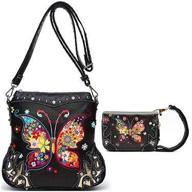 Imagem de Bolsa de ombro única feminina com estampa de flor de borboleta, bolsa de ombro única, Conjunto preto