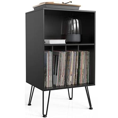 Imagem de iyrany Suporte para toca-discos, suporte de toca-discos com armazenamento de discos, armário de armazenamento de discos de vinil com pernas de metal, mesa de toca-discos comporta até 150 álbuns para