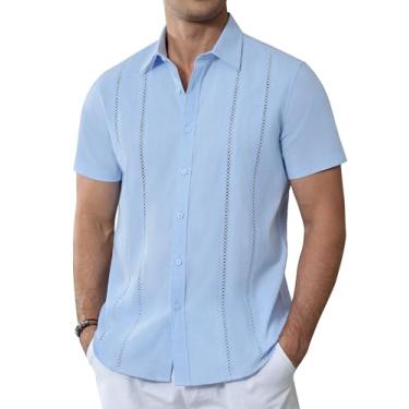 Imagem de Alimens & Gentle Camisetas masculinas Guayabera cubana, algodão, linho, manga curta, abotoadas, casual, verão, praia, acampamento, Azul-celeste, 4G