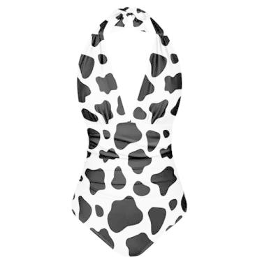 Imagem de Psaytomey Maiô feminino com gola V, sexy, com cadarço, frente única, triangular, biquíni plus size, P-3GG, Vaca, XXG