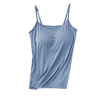 Imagem de Camiseta feminina com sutiã embutido básico de algodão sólido e alças finas ajustáveis com sutiã de prateleira, Azul claro, XXG