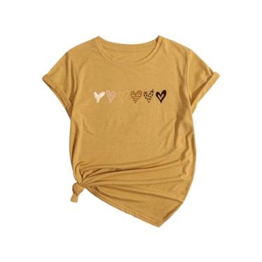 Imagem de SweatyRocks Camiseta feminina casual com estampa de coração, gola redonda, manga curta, básica, caimento solto, Mostarda amarela, P
