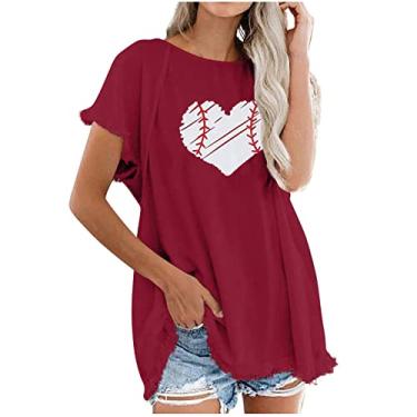 Imagem de Duobla Camiseta de beisebol feminina plus size estampada casual solta túnica camisetas grandes gola redonda 2024 moda primavera, A-2-vinho, P