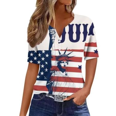 Imagem de Camisetas estampadas patrióticas femininas para 4 de julho - camisetas com bandeira americana vermelha, branca e azul, Bege, P