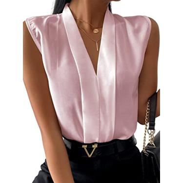 Imagem de LYANER Blusa feminina elegante com gola V plissada sem mangas chiffon para trabalho, Rosa (dusty pink), PP