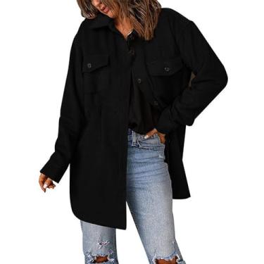 Imagem de Shacket Jaqueta feminina casual manga longa lapela abotoada outono 2023 casaco leve sólido, Preto, M