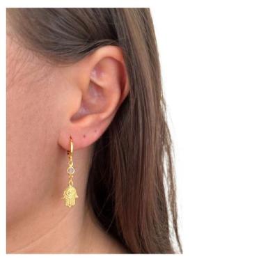 Imagem de Brinquinho de Argola Articulada Pingente Mão Hamsá Folheado a Ouro 18k