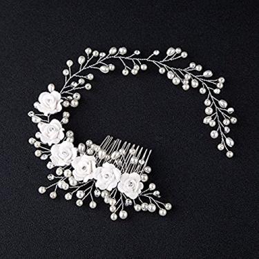 Imagem de Kercisbeauty Pente de cabelo de noiva com pérola branca flor de prata para formatura rústica casamento vintage acessório de cabelo menina baile festa de noite feminina jardim