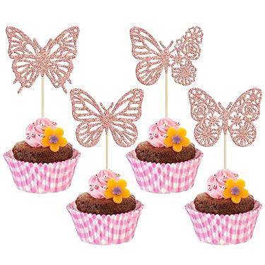 Imagem de Gyufise Pacote com 24 enfeites de cupcake de borboleta montados com glitter em ouro rosa para chá de bebê, decorações para festas de aniversário de casamento, aniversário, crianças