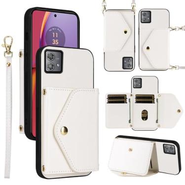 Imagem de Dswteny Capa carteira para Motorola Moto G84 5G com cordão de pulso alça de ombro fina bolsa flip, suporte de cartão de crédito de couro PU de luxo acessórios capa de celular para G 84 2023 mulheres