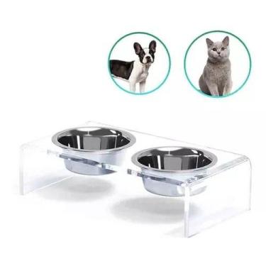 Imagem de Comedouro Duplo Elevado Com Tigelas Inox Pet Gato Cachorro - Loja Dink
