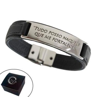 Imagem de Pulseira de Couro  Tudo Posso Naquele que me Fortalece Preto - GRANADO