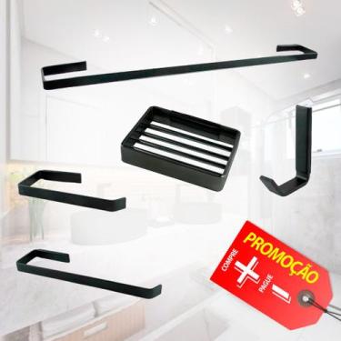 Imagem de Kit De Acessórios Para Banheiro Quadrado Preto Fosco + Saboneteira Mul