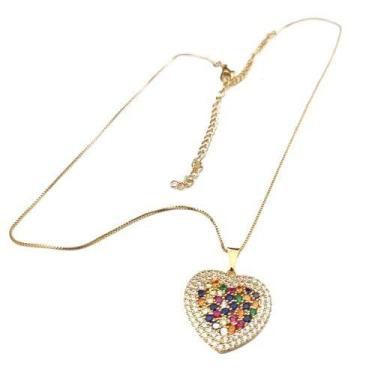 Imagem de Colar Feminino Coração Colorido Corrente Veneziana Dourada Cravejada C