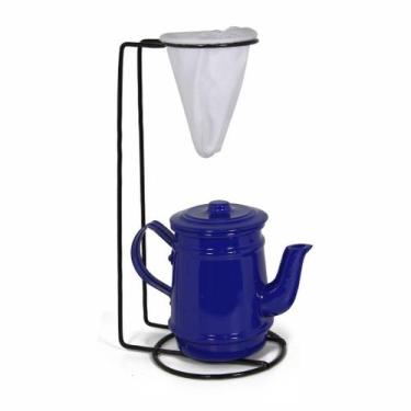 Imagem de Jogo De Café Mini Bule 400ml Alumínio + Suporte Com Coador - Azul Escu