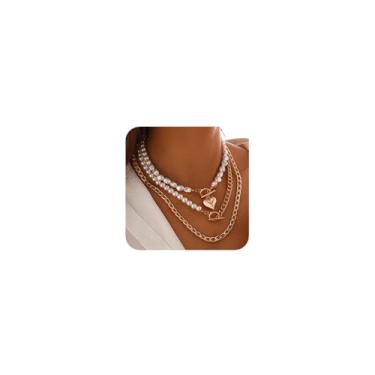 Imagem de fxmimior Colar gargantilha de 3 camadas Boho Fashion Prom Shinny Gold Pearls Chunky Layered Dainty Sexy Body Chain Gargantilha Colar de Halloween Natal Punk Love para mulheres, Metal, Miçangas