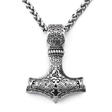 Imagem de BAVIPOWER Colar de martelo nórdico Thor masculino pingente Mjolnir cabeça de lobo dupla Fenrir corrente de quilha de aço inoxidável joia viking, Metal