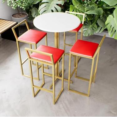 Imagem de Jogo Mesa Alta Bistrô Redonda Branca 4 Banquetas Estofado Confort Industrial Dourado (Vermelho)
