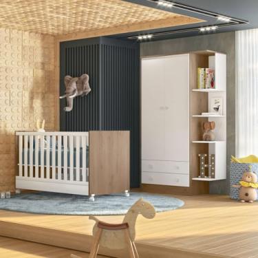 Imagem de Kit Berço Mini Cama Taís e Guarda Roupa Infantil 2 Portas e 2 Gavetas com Nicho Brilhar Q01 Carvalho Rústico/Branco - Amarena Móveis