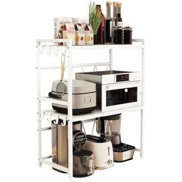 Imagem de loyalKBS Bancada expansível para micro-ondas, prateleira de micro-ondas resistente de 3 camadas com 8 ganchos, prateleira de aço carbono ajustável em altura para cozinha, comporta 60 kg, branca