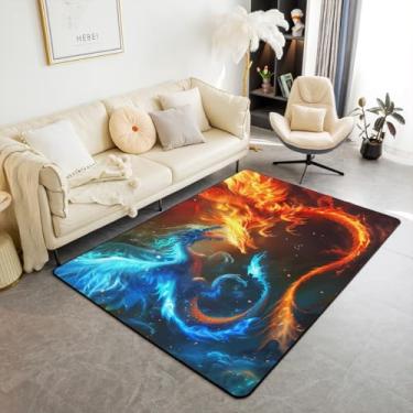 Imagem de Castle Fairy Tapete de área de dragão ocidental, azul, laranja, vermelho, animais de combate, interior, para crianças, adolescentes e adultos, aquarela, vida selvagem, estilo mágico, tapete