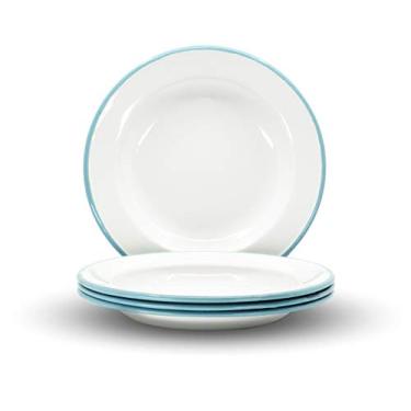 Imagem de Red Co. Conjunto de 4 pratos de salada redondos clássicos de metal esmaltados de 20 cm, borda branca/azul-petróleo