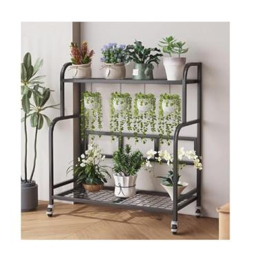 Imagem de Mobile Flower Rack，Plant Stand Indoor Outdoor，Simple Plant Stand，Floor-Standing Glower Rack，Storage Rack，Tier Plant Stand With Wheels，for Living Room Balcony Garden(Black A,52*36*90cm/20.5*14.2*35.4)