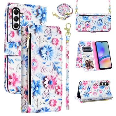 Imagem de Dswteny Capa carteira para Samsung Galaxy S24 FE 5G com alça de pulso removível, bolsa com zíper floral couro PU suporte para cartão capa de celular para S 24 EF S24FE 24S feminino masculino rosa