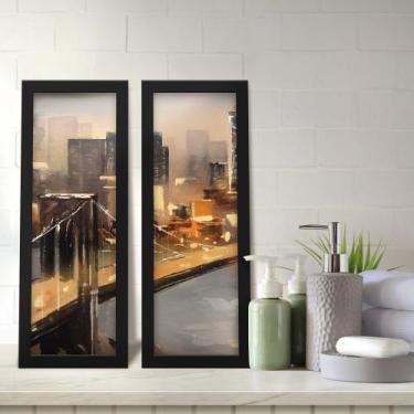 Imagem de Kit 2 Quadros Decorativos Lavabo Cidade Aquarela Preto e Dourado - Del