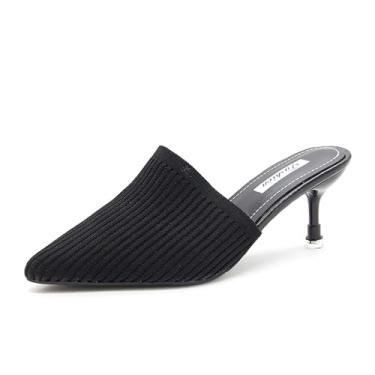 Imagem de EGEBS Sandálias femininas de malha fechada bico fino salto gatinho mules moda respirável malha slip-on stiletto sandálias para festa baile encontro elegante slides, Preto, 36