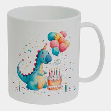 Imagem de Caneca Branca de Polímero 325ml - DINOSSAURO AZUL ANIVERSARIO BOLO