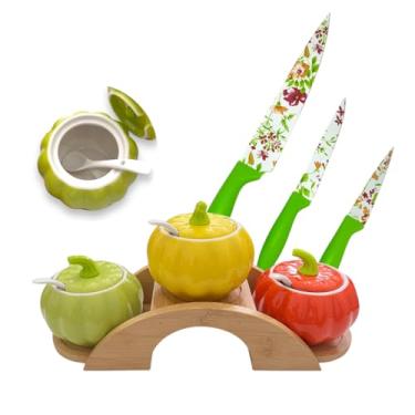 Imagem de Porta Condimento em Formato Fofo de Abóbora 7 Peças Sendo 3 Potes 3 Colheres e 1 Base em MDF Potinhos De Cerâmica Coloridos Para Sal Pimenta Açúcar Temperos em Gerais