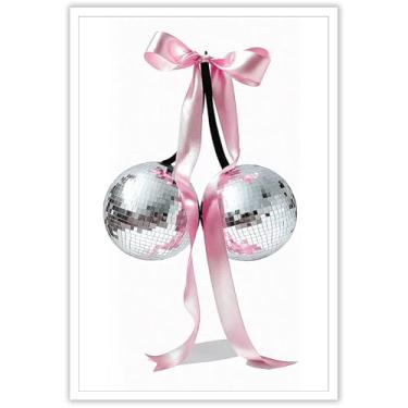 Imagem de Arte de parede com laço rosa na moda retrô bola de discoteca de cereja pôsteres modernos coquete feminino fita discoteca bola de discoteca quarto infantil impressões estéticas pintura para bar
