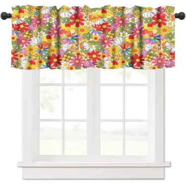 Imagem de Cortina floral retrô dos anos 70, hippie groovy flor flor boho abstrata estética estética pequena tratamentos para cozinha sala de estar café decoração haste bolso vintage 137 x 45 cm, 1 painel