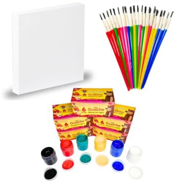 Imagem de Kit 1 Tela Para Pintura 15x15 + 1 cx Tinta Guache + 1 Pincel Artística Artesanato Escolar Lembrancinha