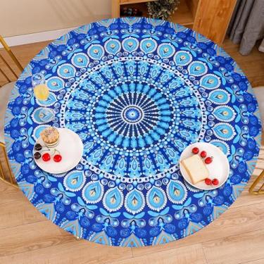 Imagem de Virtumob Toalha de mesa redonda com borda elástica de pedra preciosa para ambientes externos e internos, capa de mesa impermeável e limpa para decoração de pátio de piquenique (adequada para mesas