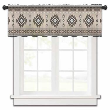 Imagem de Funnywall88 Saia de cortina transparente boho marrom preta para janelas de cozinha, estilo étnico do sudoeste, chiffon, tratamentos de janela, bolso para varão, saia curta para sala de estar, banheiro