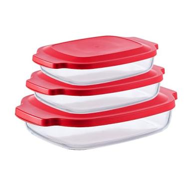 Imagem de Conjunto de Travessas de Vidro Borossilicato com Tampa Vermelha, 3 Peças, 2000ml/2700ml/3800ml Le Bianco