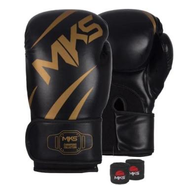 Imagem de Kit Luva Boxe New Champion Preto/Dourado 12oz + Bandagem MKS Combat