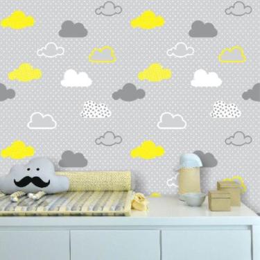 Imagem de Papel de Parede Infantil Nuvens Cinza e Amarelo 300 - Inove Papéis de 