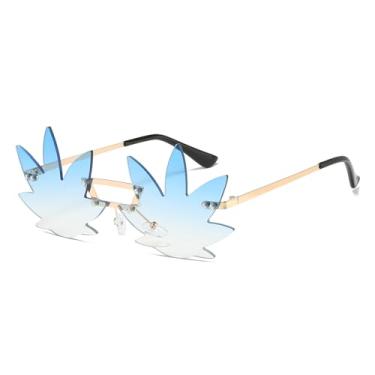 Imagem de LJCZKA Óculos de sol femininos e masculinos em formato de folha de bordo, sem aro, rave, festival, festa, dia das bruxas, acessórios de Natal, Azul dégradé dourado, tamanho �nico