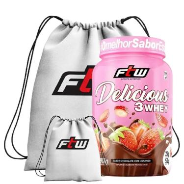 Imagem de DELICIOUS 3 WHEY 900G + MOCHILA IMPERMEAVEL ESPORTIVA BRANCA (CHOCOLATE COM MORANGO)-Unissex